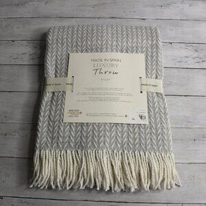 Made in Spain Throw Blanket Gray Off White Herringbone with Fringe Cotton Blend